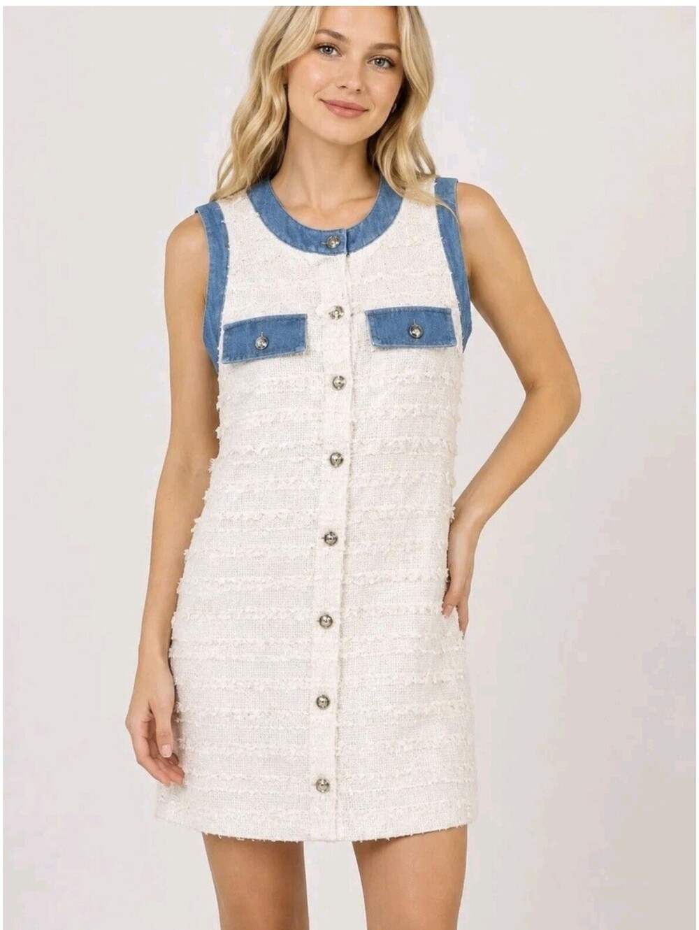 HEYSON women's ivory tweed denim trim sleeveless button front mini dress